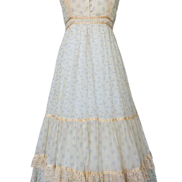 Gunne Sax Vintage 70s Floral Maxi Dress Size 13 M Prairie Calico Ivory Lace - Picture 4 of 10